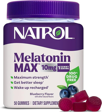 Natrol Melatonin 10mg Sleep Aid Supplement, 50 Count MelatoninMax Gummies, Blueberry Flavor, 10 mg Melatonin Gummies for Occasional Sleeplessness, 50 Day Supply