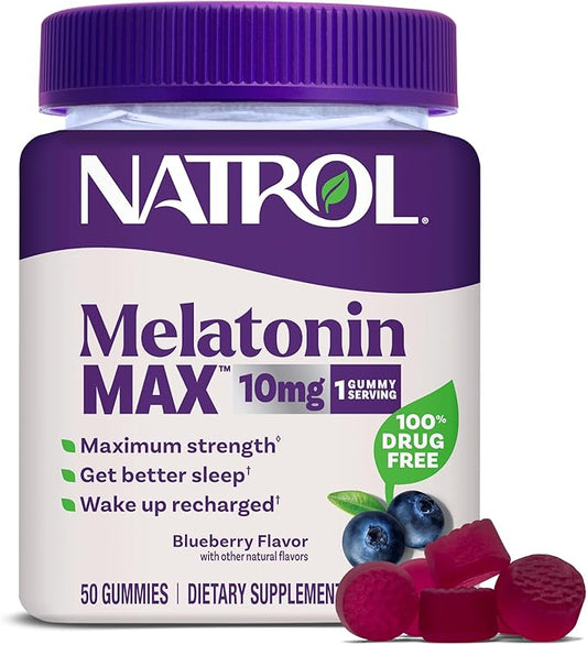 Natrol Melatonin 10mg Sleep Aid Supplement, 50 Count MelatoninMax Gummies, Blueberry Flavor, 10 mg Melatonin Gummies for Occasional Sleeplessness, 50 Day Supply
