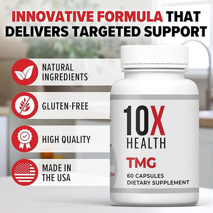 10X Health TMG Supplements - Trimethylglycine Supplement for Liver Support, Heart Wellness, Energy, Homocysteine Levels - TMG Capsules with Betaine Anhydrous - Non-GMO & Gluten-Free - 60 Capsules