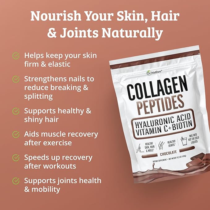 Chocolate Collagen Powder. Collagen with Hyaluronic Acid and Vitamin C. Chocolate Collagen Peptides Powder Chocolate. Collagen with Vitamin C & Biotin for Hair, Skin, Nails, Joint. Keto, Type 1 and 3.