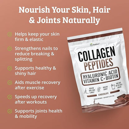 Chocolate Collagen Powder. Collagen with Hyaluronic Acid and Vitamin C. Chocolate Collagen Peptides Powder Chocolate. Collagen with Vitamin C & Biotin for Hair, Skin, Nails, Joint. Keto, Type 1 and 3.