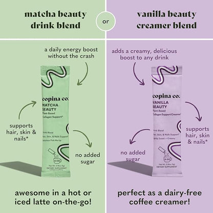 Matcha Beauty Vegan Collagen Booster Drink Blend: Plant Based Collagen Support Smoothie Drink Vegan Blend Variety Pack | Matcha Flavor || 3 Cartons, 10 Individual Servings per Carton