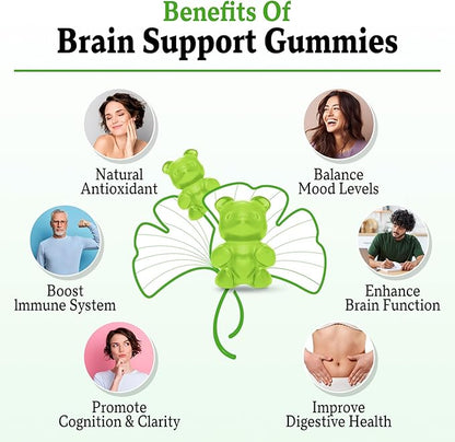 Ginkgo Biloba Gummies with Panax Ginseng for Better Mood and Focus, Booster Brain Health, 120 Vegan Apple Flavor Gummies