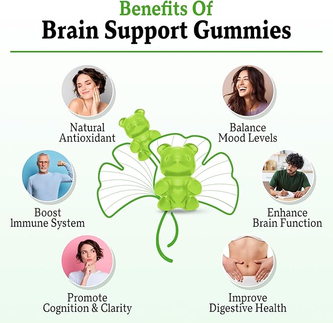 Ginkgo Biloba Gummies with Panax Ginseng for Better Mood and Focus, Booster Brain Health, 60 Vegan Apple Flavor Gummies