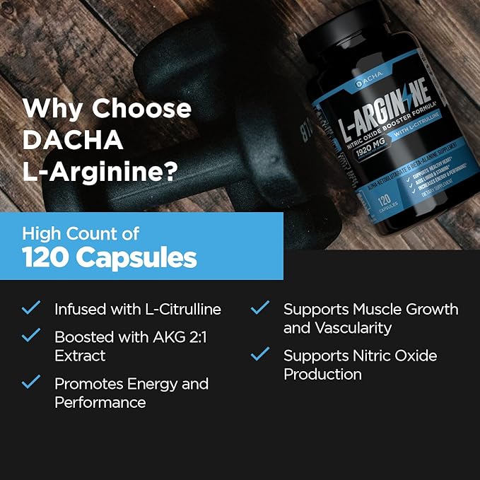 DACHA Premium L Arginine Pills 1920 MG - 120 VCAPS AAKG Nitric Oxide Precursor, L-Citrulline HCL, Beta Alanine, Essential Amino Acids for Energy, Muscle Growth, Heart Health, Vascularity & Stamina