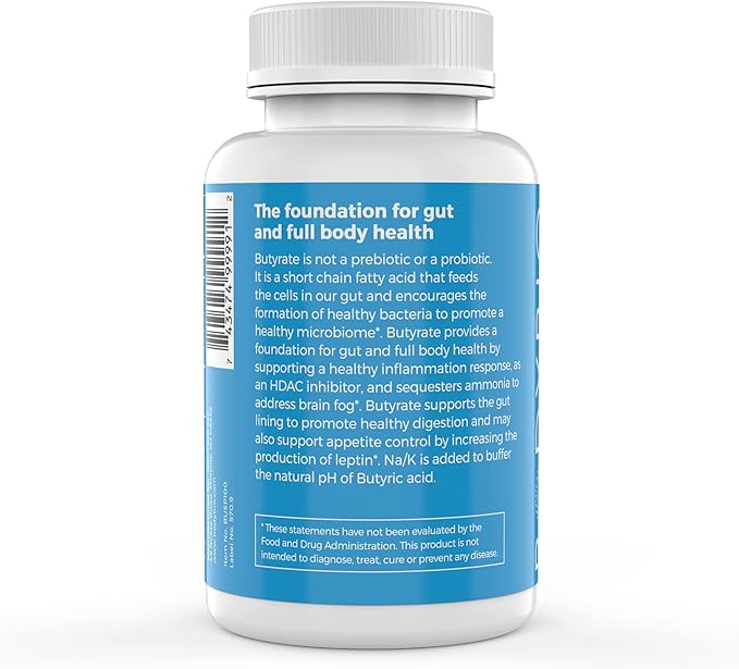 BodyBio Butyrate Supplement - Postbiotic for Gut Microbiome Health, Digestion and Regulation Support - Butyric Acid with Sodium - 100 Capsules