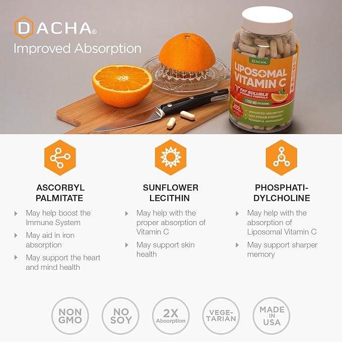 DACHA Natural Liposomal Vitamin C - 1700mg, 200 Capsules, Immune System & Collagen Booster, High Absorption Fat Soluble VIT C, Buffered, Skin Vitamins, Vegeterian, Vegan