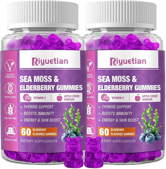 Sea Moss & Elderberry Gummies, 60 Count, Blueberry Flavored, with Vitamin C and Apple Cider Vinegar, Vegan (120 Count(Pack of 2)