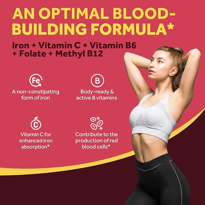 Doctor's Recipes Iron Supplement for Women Men - Gentle Iron Bisglycinate with Vitamin C, B6, Folate & B12 - Non-Constipating & Stomach Friendly Iron Pills for Blood & Energy Support, 90 Vegan Caps