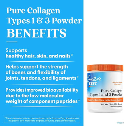 Doctor's Best Pure Collagen Types 1 & 3, Promotes Healthy Skin Hair & Nails – Bone & Joint Support, 7.1 Ounce (Pack of 1)