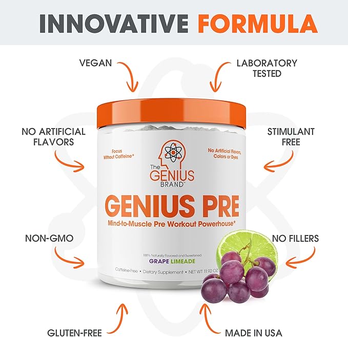 Genius Pre Caffeine-Free Pre Workout Boosted Energy, Focus, Performance Nootropic Formula AlphaSize, Citrulline Malate, CarnoSyn Beta Alanine Endurance, Stamina, Recovery, 20 Servings - Grape Limeade