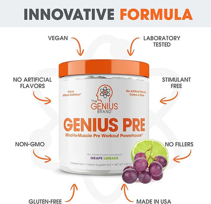 Genius Pre Caffeine-Free Pre Workout Boosted Energy, Focus, Performance Nootropic Formula AlphaSize, Citrulline Malate, CarnoSyn Beta Alanine Endurance, Stamina, Recovery, 20 Servings - Grape Limeade