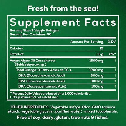 Fish Oil Alternative - Vegan Omega 3 Supplement Algae Oil DHA, EPA, DPA - Plant Based Omega 3 Fatty - Organic & Non-GMO - 150 Softgels