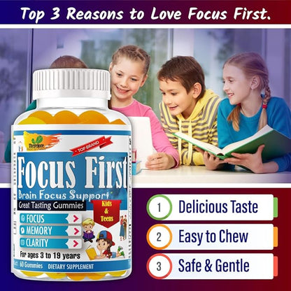 Focus First Kids Focus Support Gummies, Kids Brain Booster Focus Vitamins for Kids, Memory Booster Gummies for Brain with DHA/EPA Omega 3 6 9-60ct