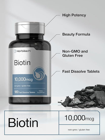 Horbäach Biotin 10000mcg | 180 Fast Dissolve Tablets | Beauty Formula | Vegetarian Supplement | Non-GMO, Gluten Free