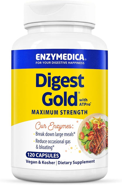 Enzymedica Digest Gold + ATPro, Maximum Strength Digestive Enzymes, Helps Digest Large Meals, for Gas and Bloating, 120 Capsules