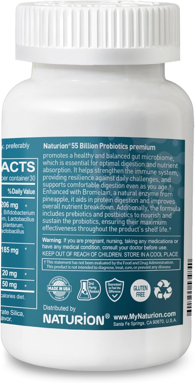 55B Probiotics Premium - 55 Billion CFU, 12 Strains, 185mg Prebiotic - Immune Support, Digestive & Gut Health - Supports Occasional Constipation, Gas & Bloating - 30 Vegan Capsules, 30 Day Supply