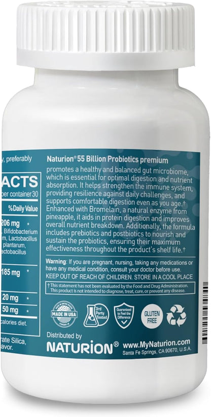 55B Probiotics Premium - 55 Billion CFU, 12 Strains, 185mg Prebiotic - Immune Support, Digestive & Gut Health - Supports Occasional Constipation, Gas & Bloating - 30 Vegan Capsules, 30 Day Supply