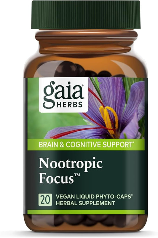 Gaia Herbs Nootropic Focus - Brain & Cognitive Support Supplement to Help Maintain Healthy Concentration* - with Saffron, Lemon Balm & Spearmint - 20 Liquid Phyto-Capsules (Up to 10-Day Supply)