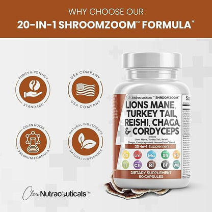 Clean Nutraceuticals Lions Mane 20in1 Mushroom Supplement with Turkey Tail Reishi Cordyceps Chaga Maitake Meshima Poria Cocos Shiitake Oyster Porcini Enoki - 2Pack