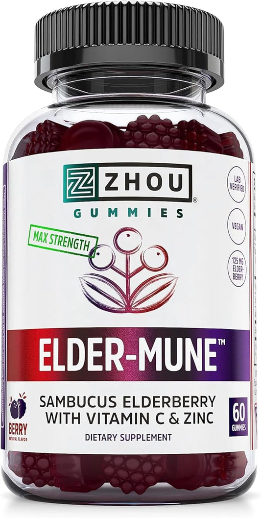 Zhou Elder-Mune Elderberry Gummies - Elderberry Vitamin C and Zinc, Daily Immune Support Supplemenet for Women & Men, Chewable Natural Black Elderberry for Adults & Children 4 & Up - 60 Gummies