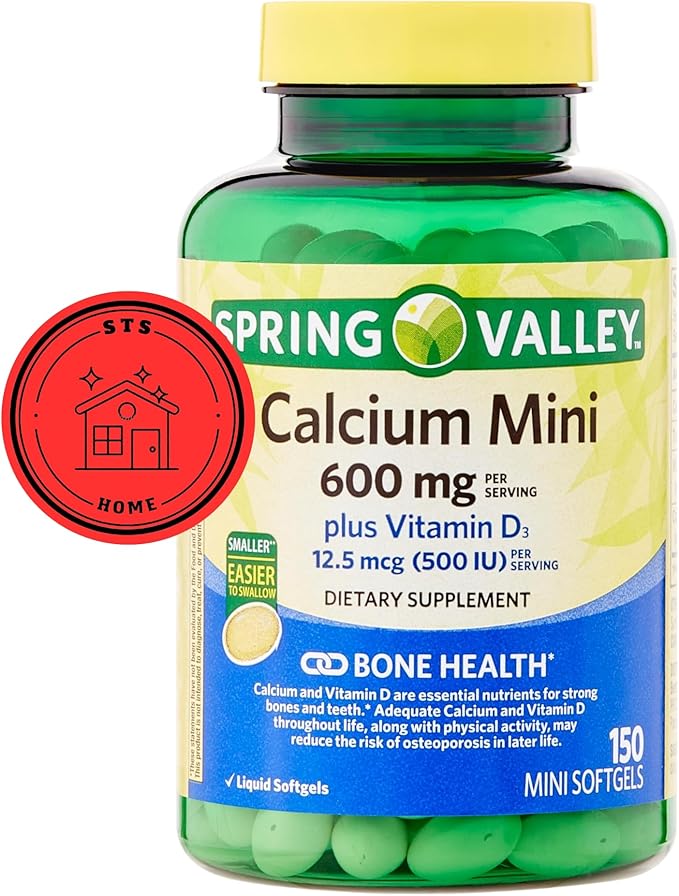 Spring Valley Calcium Plus Vitamin D3 150 Mini Softgels | Calcium Supplement | CaIcium mini softgels | CaIcium 600 mg with Vitamin d3 | 150 Mini Softgels + STS Sticker