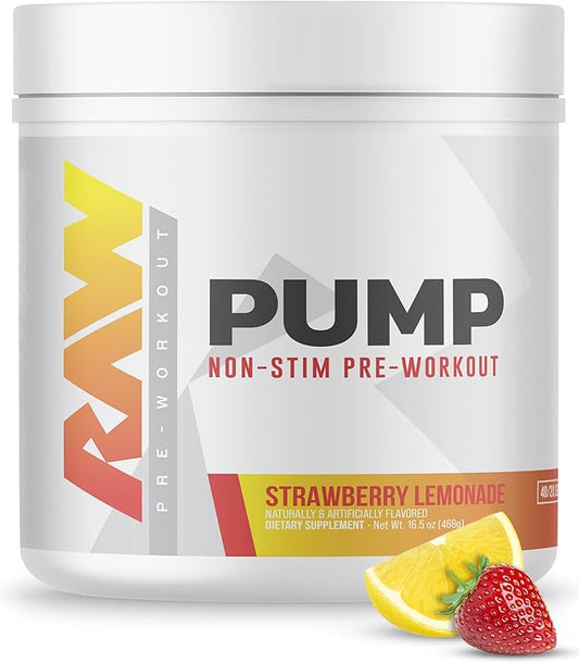RAW Pump Stim Free Pre Workout | Non-Stimulant Pre Workout Supplement Powder Nitric Oxide Booster | Pre Workout Supplements Drink for During Workout | (40 Servings) (Strawberry Lemonade)