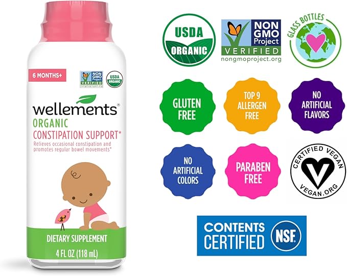 wellements Organic Baby Constipation Support Relieves Occasional Constipation for Infants & Toddlers, No Harsh Laxatives, USDA Certified Organic, 4 Fl Oz (Pack of 2), 6 Months +
