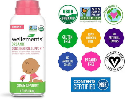 wellements Organic Baby Constipation Support Relieves Occasional Constipation for Infants & Toddlers, No Harsh Laxatives, USDA Certified Organic, 4 Fl Oz (Pack of 2), 6 Months +