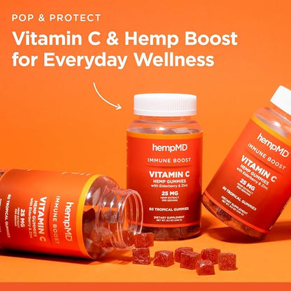1500 mg Vitamin C Immunity Gummies - Relax and take Care of Your Immune Health. Infused with Citrus Burst Flavor with 25mg Hemp Extract, Vitamin D, E, Elderberry, Zinc 60 Ct
