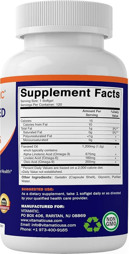 Vitamatic Flaxseed Oil 1200 mg – 120 Softgels Cold-Pressed Flaxseed Oil with 675 mg ALA Omega-3 – Supports Heart Health & Overall Wellness