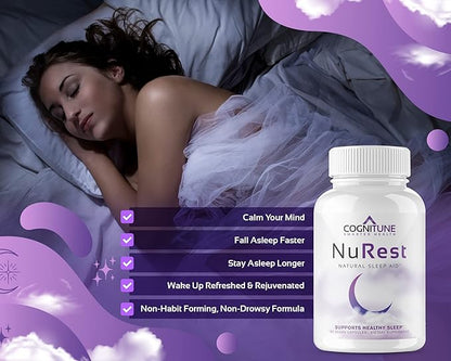 CogniTune Natural Sleep Supplement - Non Habit Forming Sleeping Pills, Non Drowsy Herbal Sleep Aid Formula w/Melatonin, Valerian Root, Lemon Balm, Chamomile, GABA, L-Theanine, Magnesium, Amino Acids