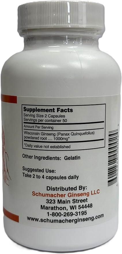 American Ginseng Capsules, 100% Pure Wisconsin Ginseng, 500mg, 100 Capsules - Best Ginseng Supplement, Pure Potent Wisconsin Ginseng Roots by Schumacher Ginseng