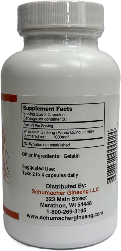 American Ginseng Capsules, 100% Pure Wisconsin Ginseng, 500mg, 100 Capsules - Best Ginseng Supplement, Pure Potent Wisconsin Ginseng Roots by Schumacher Ginseng