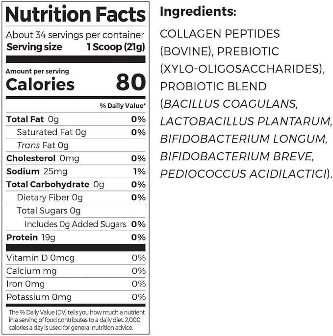 Or-gain Collagen Peptides + Probiotics, Unflavored, 1.6 lbs | 34 Servings | 20g Grass-Fed Collagen Peptides | 19g Protein 0g Sugar, 0g Carbs