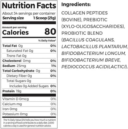 Or-gain Collagen Peptides + Probiotics, Unflavored, 1.6 lbs | 34 Servings | 20g Grass-Fed Collagen Peptides | 19g Protein 0g Sugar, 0g Carbs