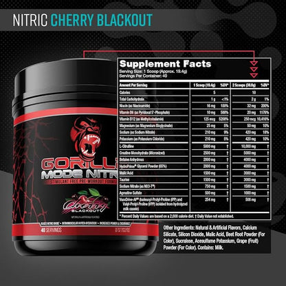 Gorilla Mode Nitric Upgraded Stimulant Free Pre-Workout – Best Tasting and Most Effective Stimulant Free Pre-Workout/Massive Pumps · Vasodilation · Power / 776 Grams (Cherry Blackout)