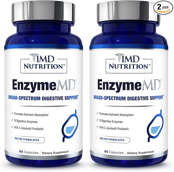 1MD Nutrition EnzymeMD - Digestive Enzymes Supplement - Doctor Formulated | 18 Plant-Based Enzymes - Gas & Bloating Support | 120 Capsules (2-Pack)