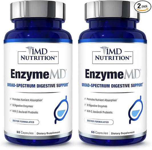 1MD Nutrition EnzymeMD - Digestive Enzymes Supplement - Doctor Formulated | 18 Plant-Based Enzymes - Gas & Bloating Support | 120 Capsules (2-Pack)