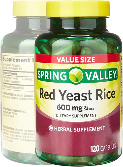 Spring Valley Red Rice Yeast 600mg, Red Yeast Rice Powder (Monascus purpureus), Dietary Supplement, Cholesterol, Gluten Free, Capsules for Adults 120 Count (Pack of 1)