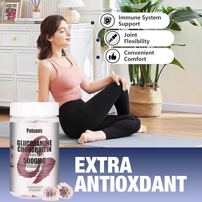 2 Packs 5000MG Glucosamine Chondroitin Gummies with MSM & Elderberry Extra Strength - Joint Support, Antioxidant Immune Support Supplement for Adults, Men & Women, Blueberry Flavor, 120 Count.