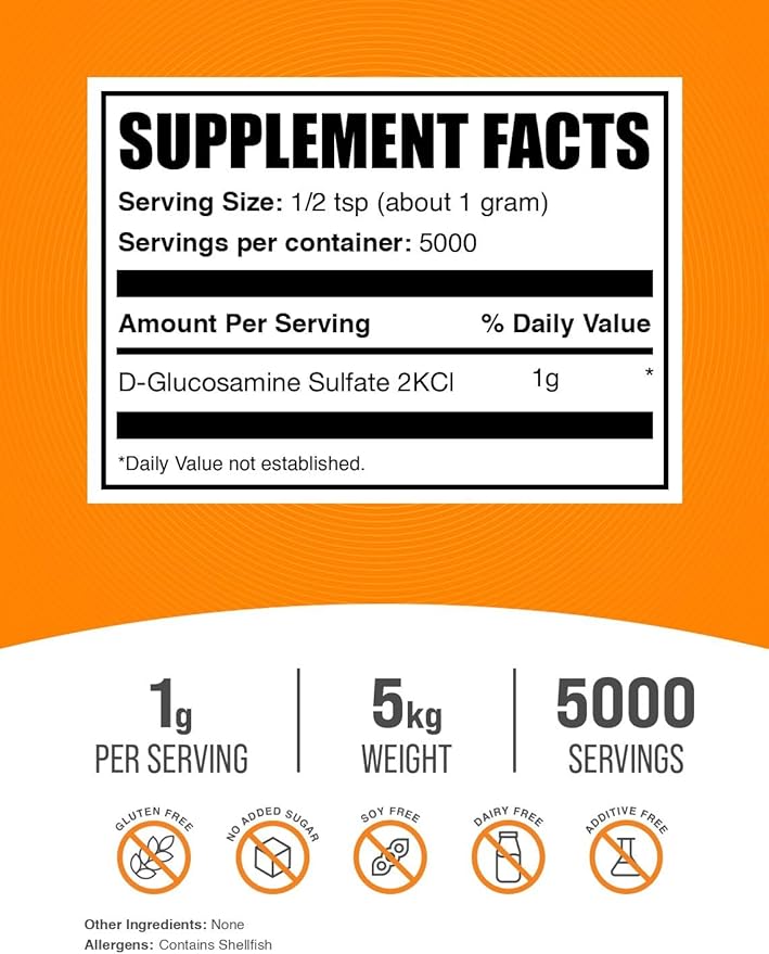 BulkSupplements.com Glucosamine Sulfate Powder - Glucosamine Supplement, Joint Support Supplement - Gluten Free, 1g per Serving, 1kg (Pack of 5) (11 lbs)