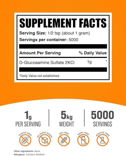 BulkSupplements.com Glucosamine Sulfate Powder - Glucosamine Supplement, Joint Support Supplement - Gluten Free, 1g per Serving, 1kg (Pack of 5) (11 lbs)