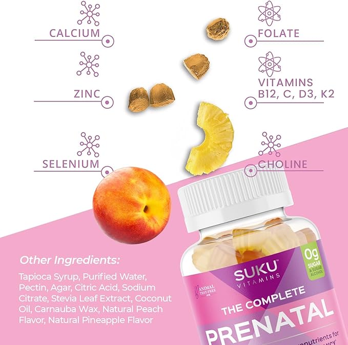 SUKU Prenatal Multivitamin Gummies – Folate, Calcium, Vitamin D3, B12, K2 – Sugar-Free, Vegetarian, Gluten-Free Pregnancy Support – Pineapple Peach Flavor – 60 Count