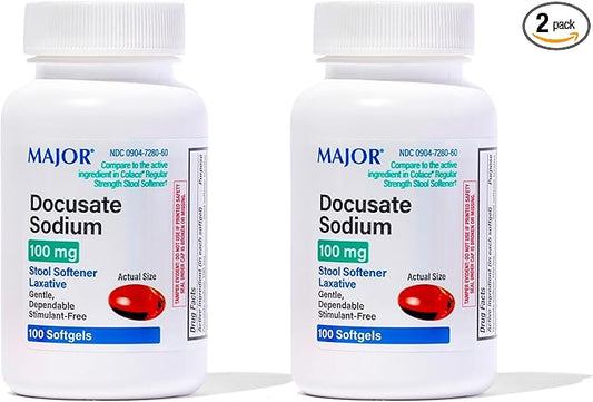 MAJOR Docusate Sodium 100 mg - Stool Softener Laxative Softgels for Constipation Relief - Stool Softeners for Women and Men - Gluten-Free - 100 Softgels (2 Pack)
