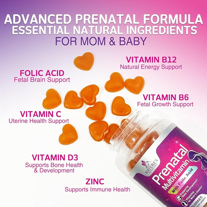 Prenatal Gummy with Folic Acid, Prenatal Vitamins and Minerals for Fetal Support, Vitamin A, C, D3, B12, B6 & Folate, Prenatal Multivitamin for Pregnant & Nursing Women - 60 Gummies, 30 Day Supply