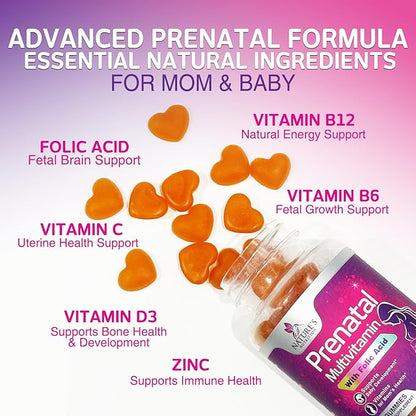 Prenatal Gummy with Folic Acid, Prenatal Vitamins and Minerals for Fetal Support, Vitamin A, C, D3, B12, B6 & Folate, Prenatal Multivitamin for Pregnant & Nursing Women - 60 Gummies, 30 Day Supply