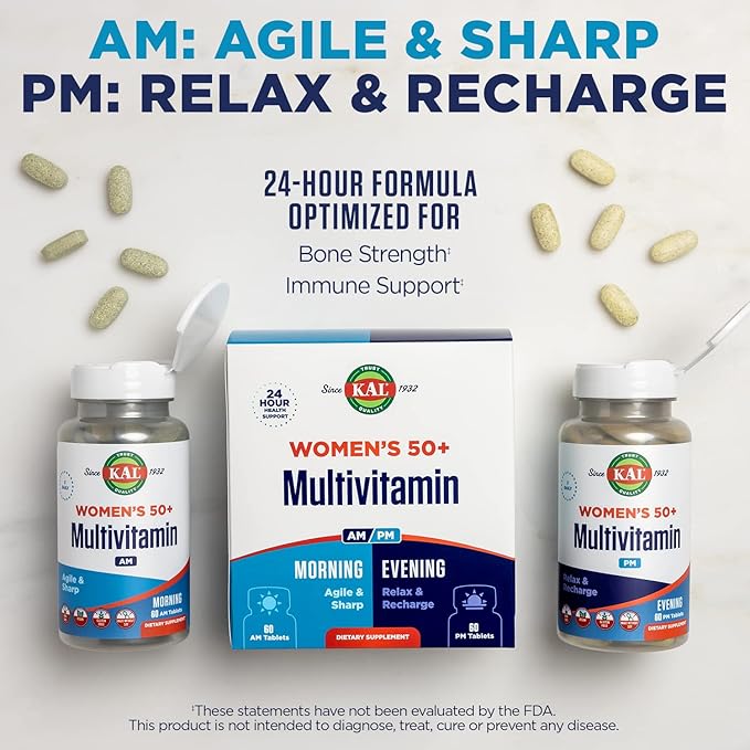 KAL Plus 2-in-1 Multivitamin for Women 50+, AM/PM Vitamin B and D, Biotin, Ginkgo Biloba, Bone Strength and Immune Support, Made Without GMOs and Soy, Vegan, 30 Servings, 120 Tablets
