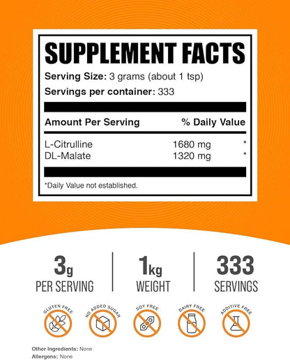 BulkSupplements.com L-Citrulline Malate 1:1 Powder - Citrulline Powder, Amino Acid Supplement - Unflavored & Gluten Free - 3g per Servings, 1kg (2.2 lbs) (Pack of 1)
