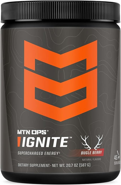 MTN OPS Ignite Energy Drink Powder, Gluten Free Nitric Oxide Supplement Drink Mix, L Arginine, L Citrulline, Caffeine & Nootropic Sugar Free Drink Mix, 45 Servings, Bugle Berry